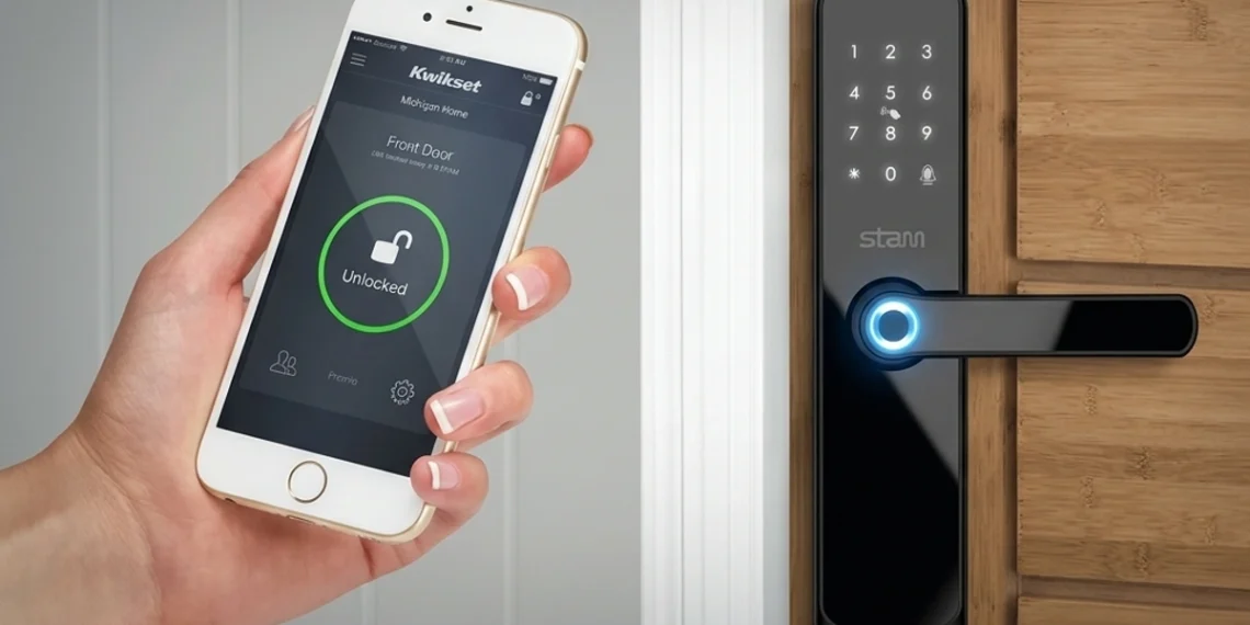 Mulher aciona fechadura inteligente pelo celular. Falando sobre sistema de segurança residencial inteligente.