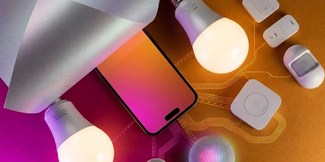 Celular, lâmpadas e outros dispositivos de iluminação inteligente.