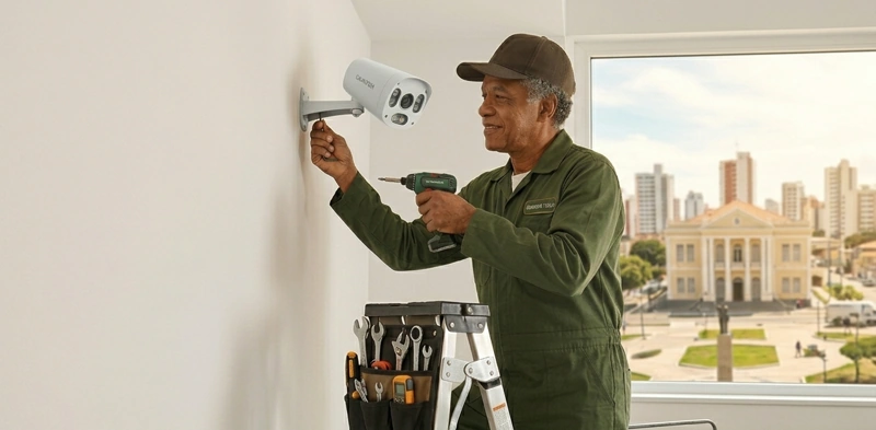 Profissional instalando câmera inteligente em residência. Falando sobre sistema de segurança residencial inteligente.