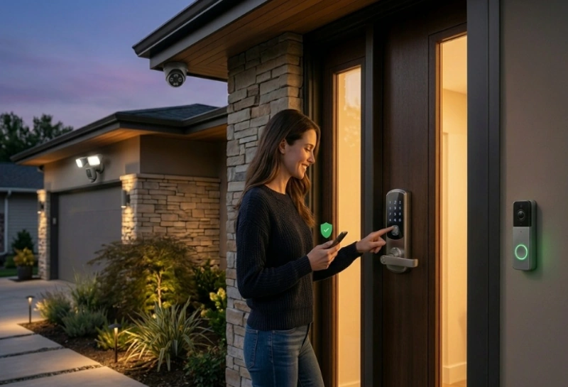Mulher entrando em casa à noite, usando fechadura digital. Falando sobre sistema de segurança residencial inteligente.