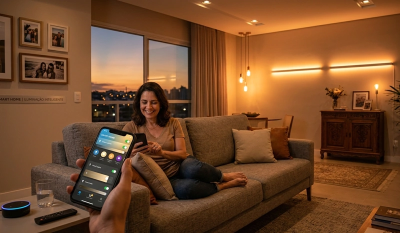 Duas pessoas numa sala, uma delas controla a iluminação do local pelo celular, a outra sorri por que gosta do resultado. Falando sobre iluminação inteligente.