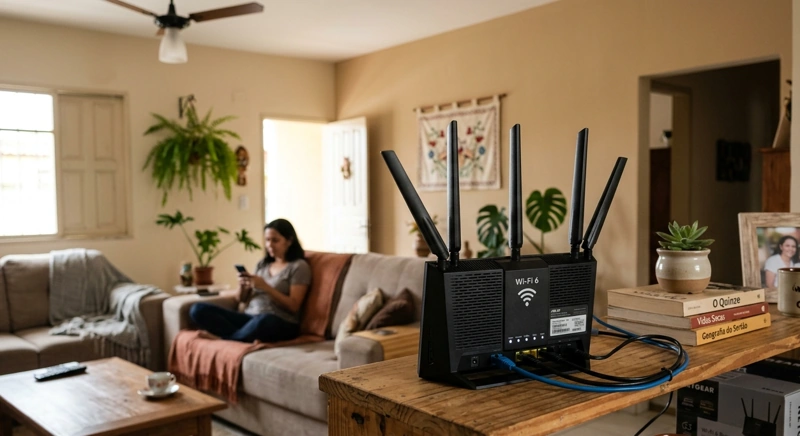 Foco em roteador potente de Wi-Fi 6 instalado em casa simples. Falando sobre wi-fi para casa inteligente.