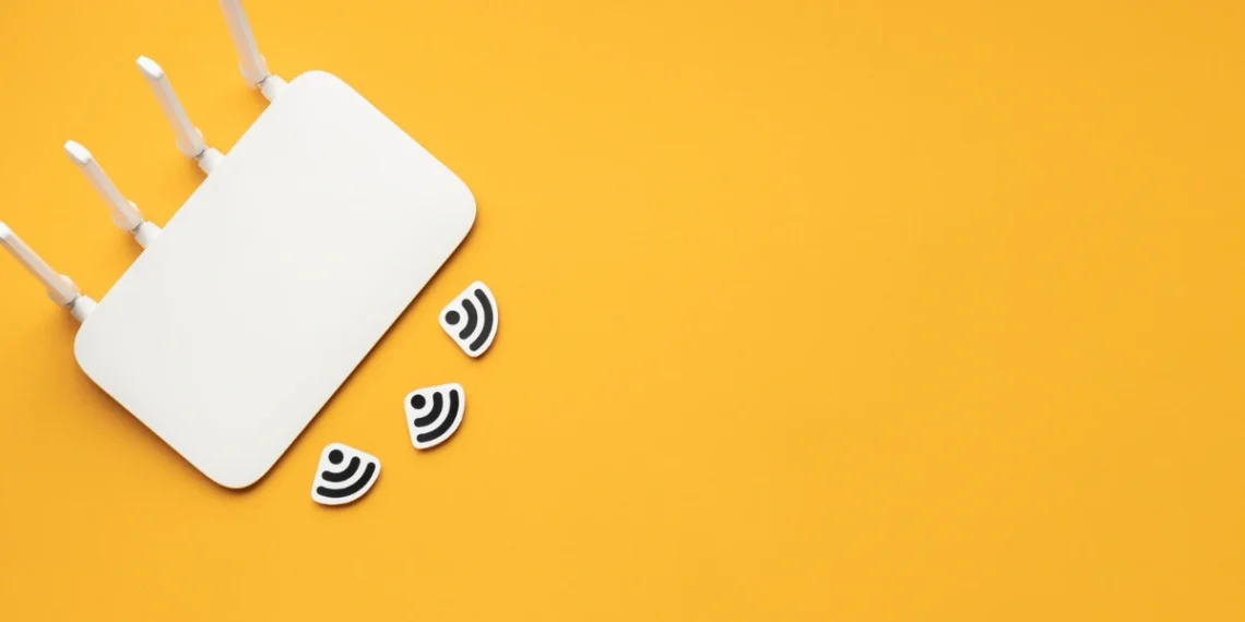 Roteador de quatro antenas sobre superfície amarela. Sinais de Wi-Fi espalhados em torno dele. Falando sobre Wi-Fi para casa inteligente.