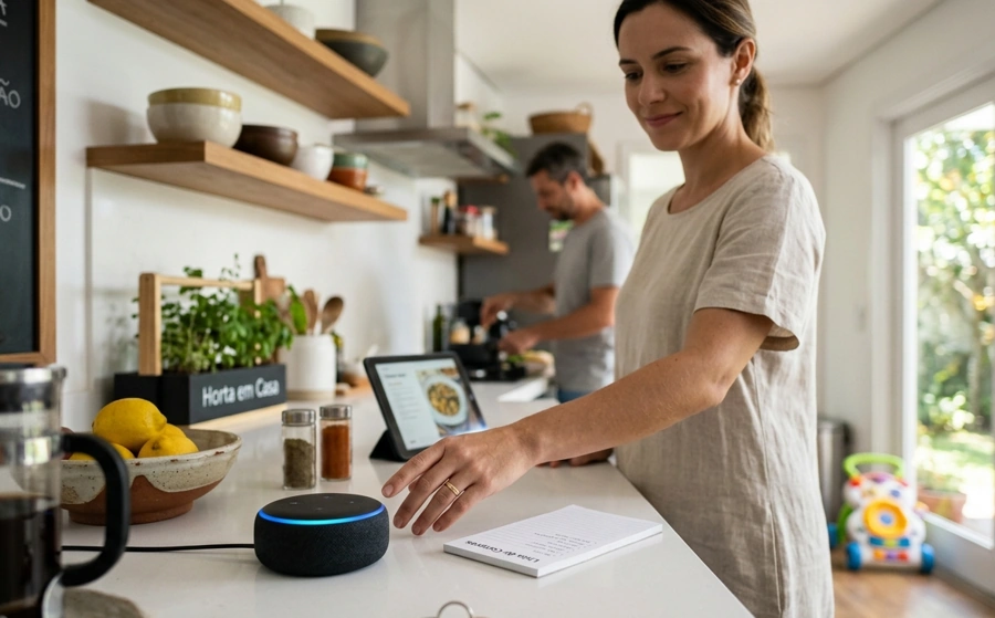 Mulher usa Amazon Echo Dot, a Alexa, na cozinha. Falando sobre assistentes virtuais inteligentes.