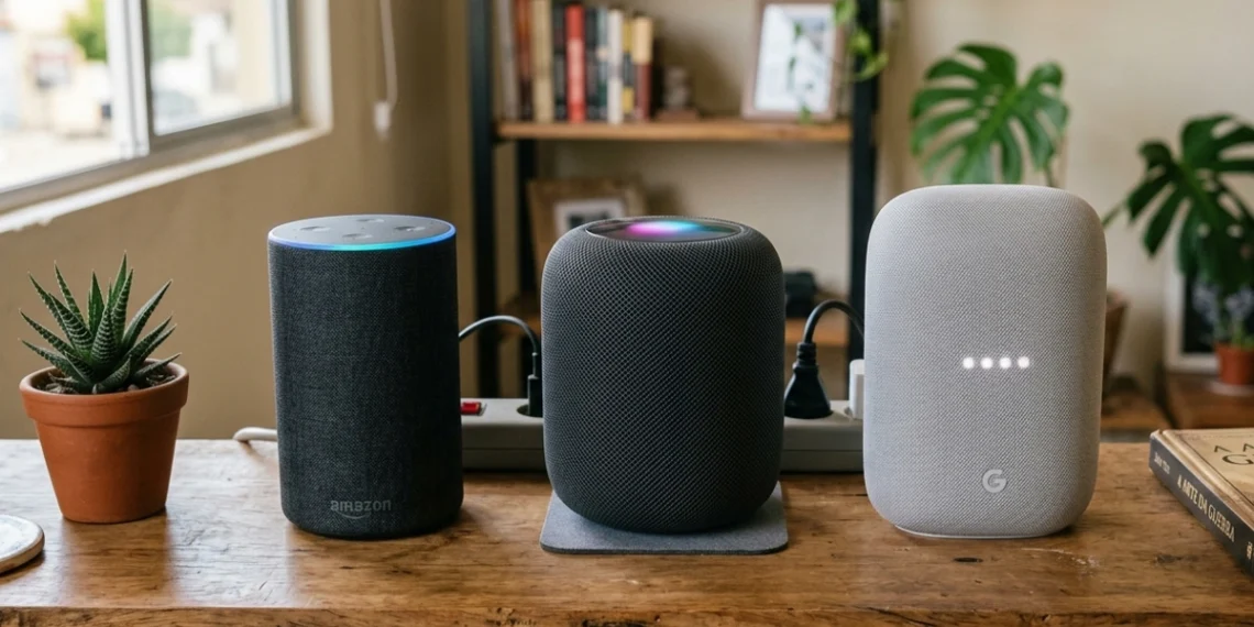 Assistentes virtuais inteligentes lado a lado: Alexa, Apple HomeKit e Google Home Assistente.