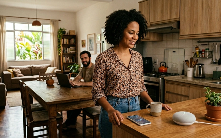 Mulher sorridente usa um Google Home na sua cozinha. Seu esposo, também sorridente, usa computador no plano de fundo.