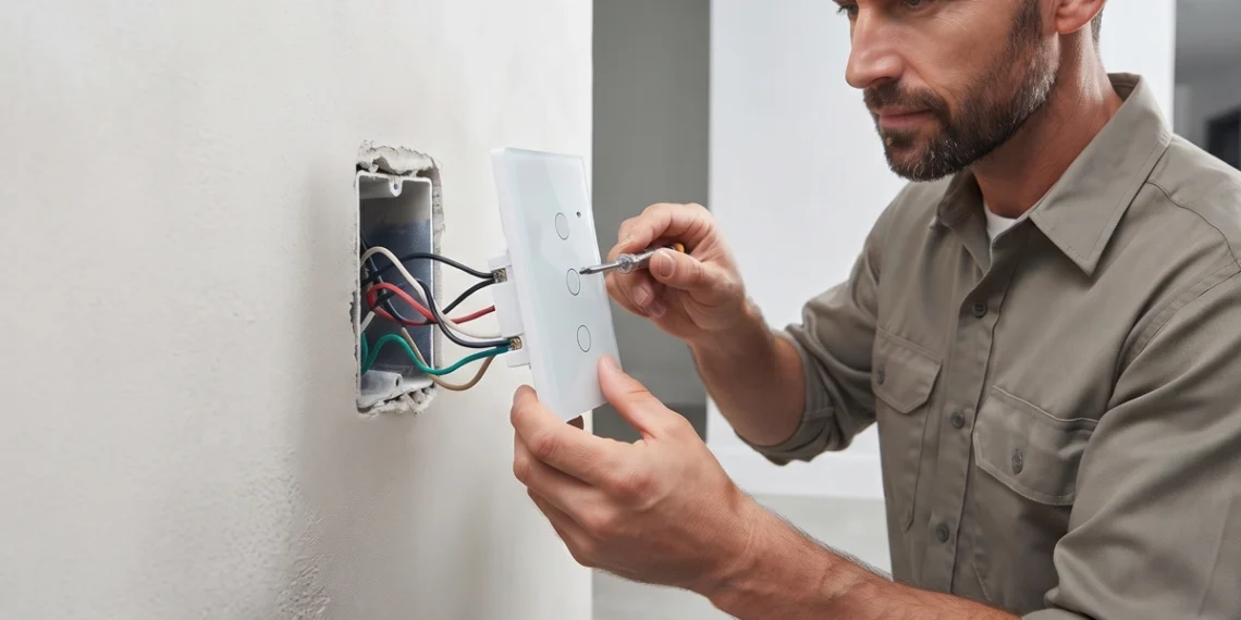 Profissional finaliza instalação de um interruptor inteligente. Ensinando como instalar interruptor inteligente.