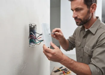 Profissional finaliza instalação de um interruptor inteligente. Ensinando como instalar interruptor inteligente.