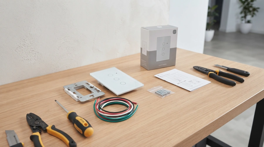 Ferramentas para instalação de um interruptor inteligente sobre uma bancada. Ensinando como instalar interruptor inteligente.