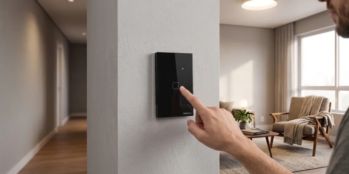 Pessoa aciona interruptor inteligente em casa. Falando sobre interruptor inteligente zigbee.