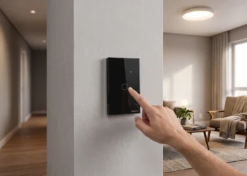 Pessoa aciona interruptor inteligente em casa. Falando sobre interruptor inteligente zigbee.