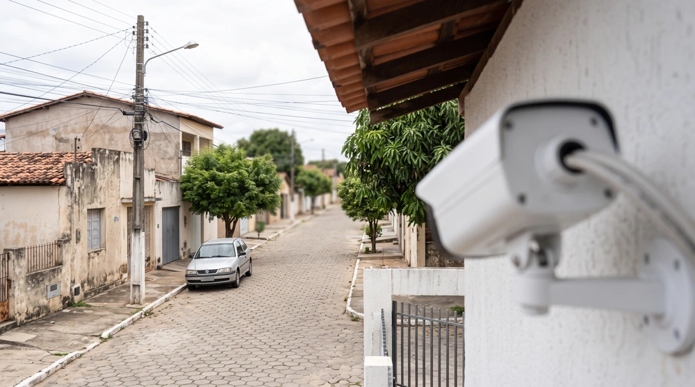 Câmera externa com fio em pleno funcionamento. Fazendo um paralelo entre câmera wi-fi ou com fio.