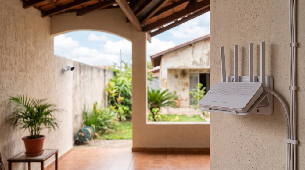 Roteador em primeiro plano e câmera de monitoramento de área externa particular ao fundo. Fazendo um paralelo entre câmera wi-fi ou com fio.