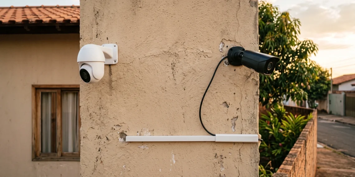 Duas câmeras instaladas na mesma parede: uma com fio e outra Wi-Fi. Fazendo um paralelo entre câmera wi-fi ou com fio.