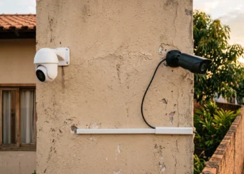 Duas câmeras instaladas na mesma parede: uma com fio e outra Wi-Fi. Fazendo um paralelo entre câmera wi-fi ou com fio.