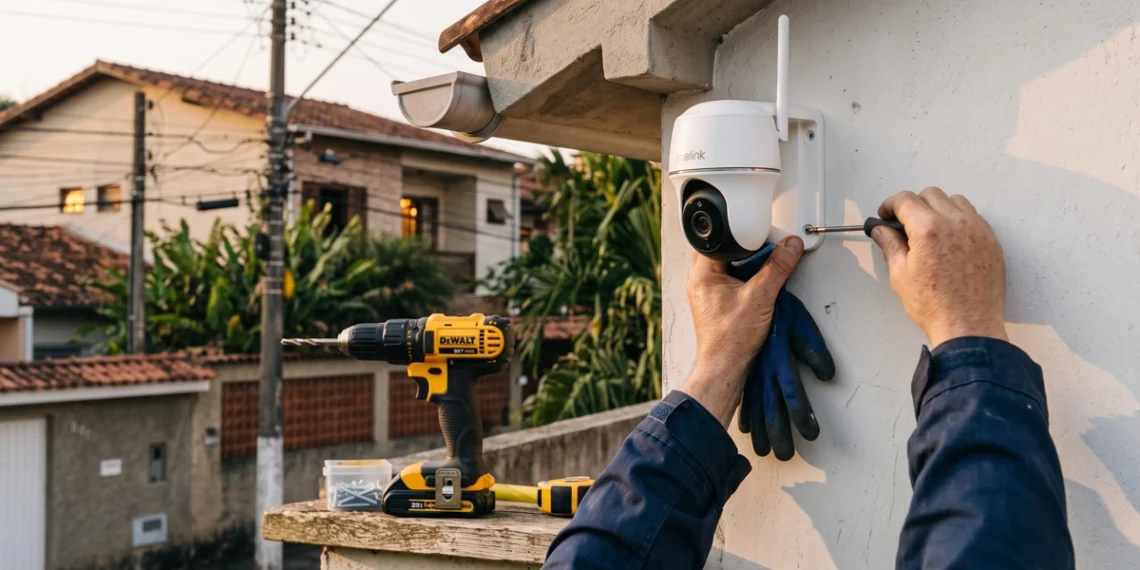 Profissional instala câmera de segurança na parte externa de residência. Ensinando como instalar câmera wi-fi externa.