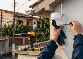 Profissional instala câmera de segurança na parte externa de residência. Ensinando como instalar câmera wi-fi externa.