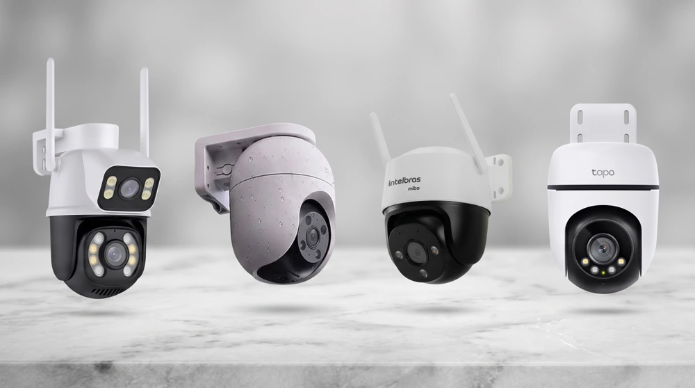 Quatro modelos de câmeras externas 360° lado a lado. Descobrindo qual é a melhor câmera wi-fi 360 externa.